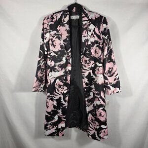 Kasper Long Blazer Jacket Women's Size 8 Black, White Pink Floral Print NEW